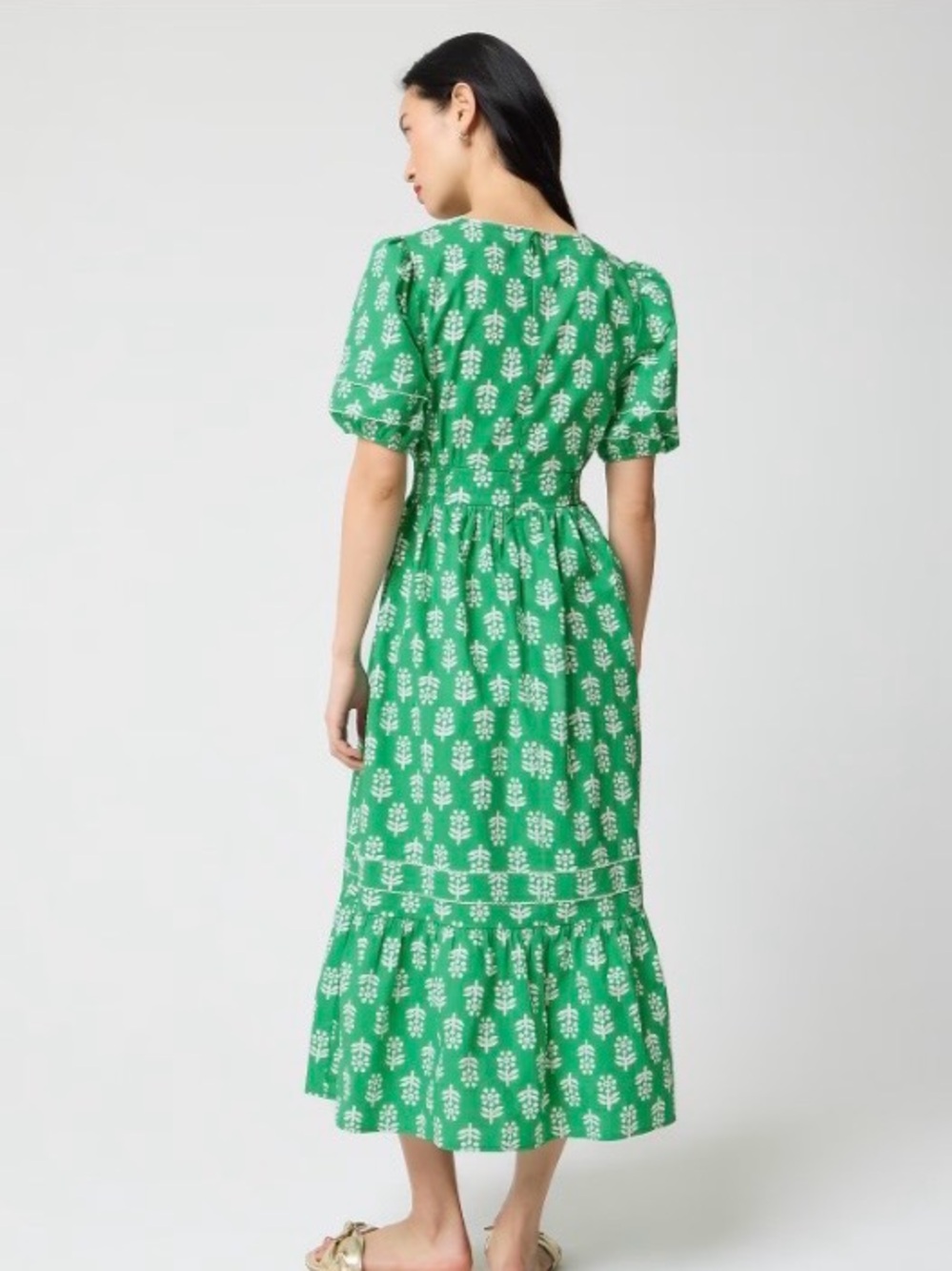 J. Crew Factory Block- Print Puff Sleeves Green Dress - Picture 2 of 12